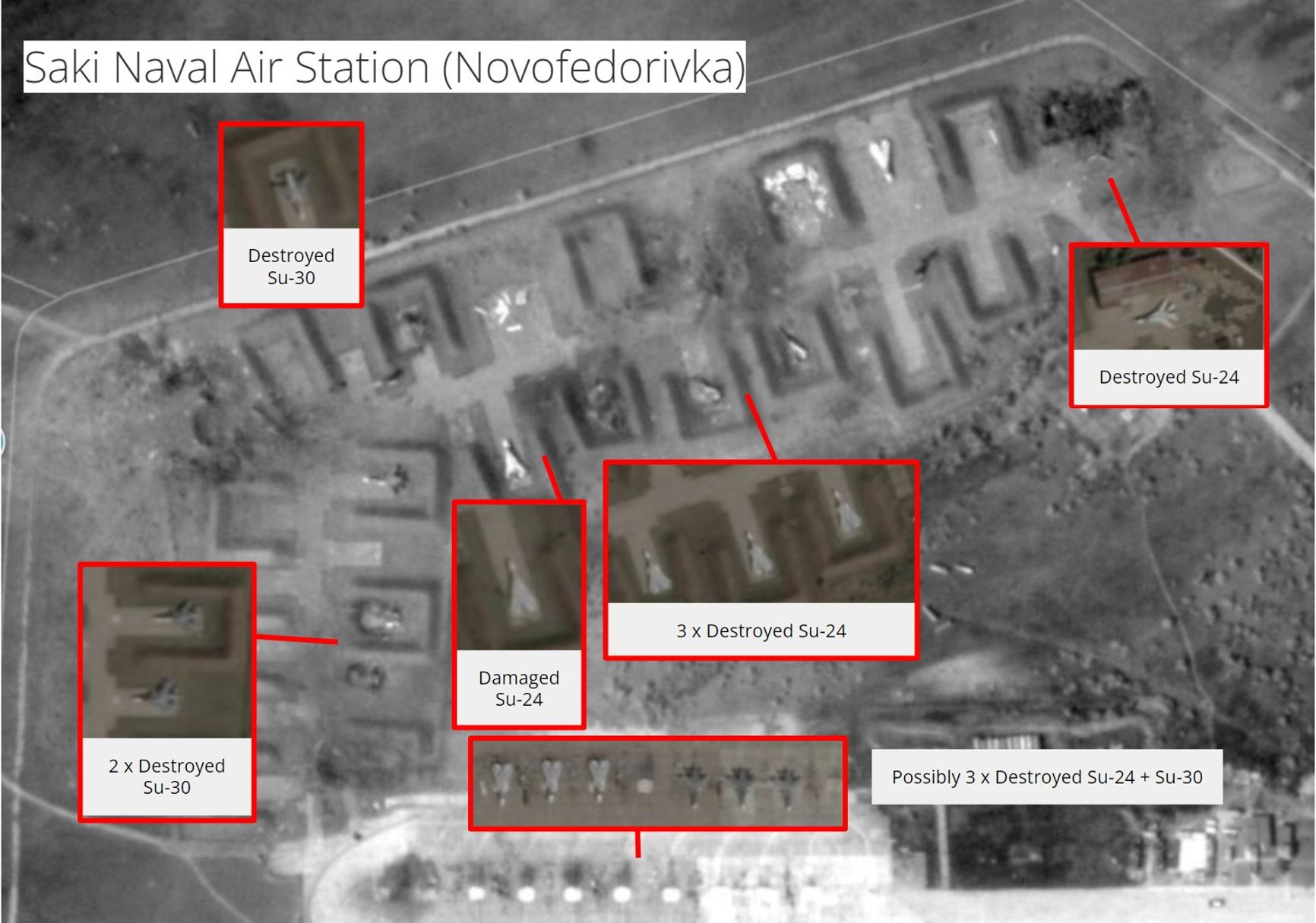 Опубликованы первые спутниковые снимки аэродрома в Крыму, на них не менее 10 сгоревших после взрывов самолетов