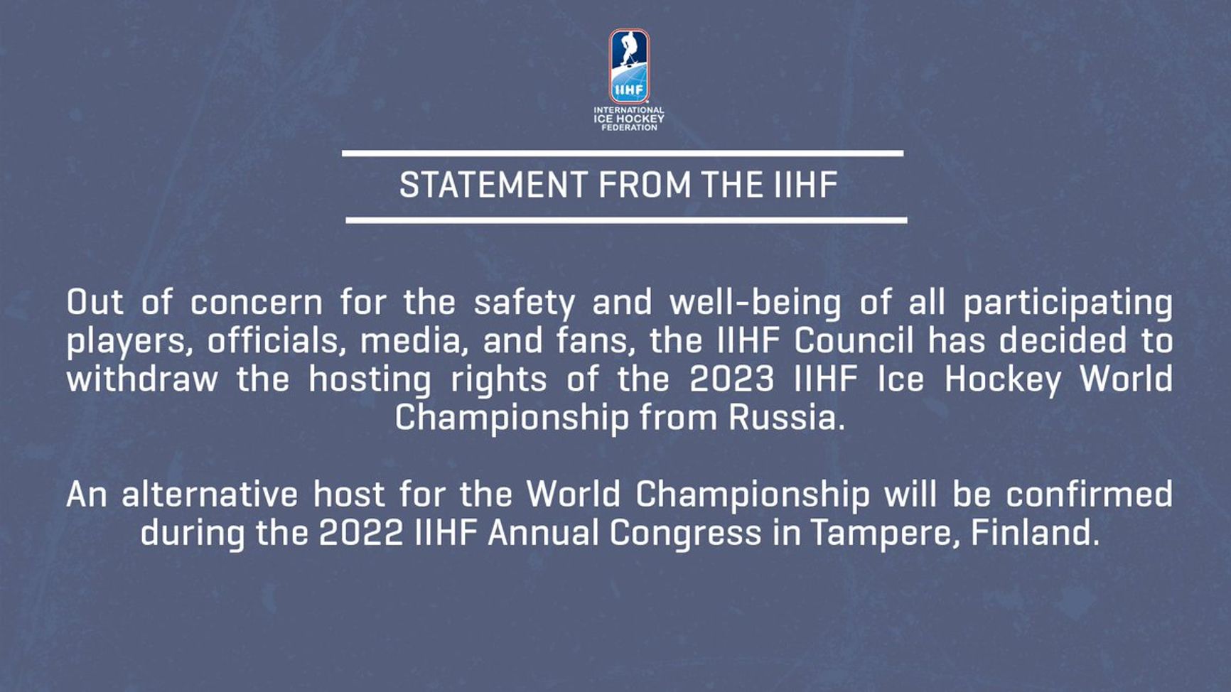 Россия лишена права на проведение чемпионата мира по хоккею 2023 года
