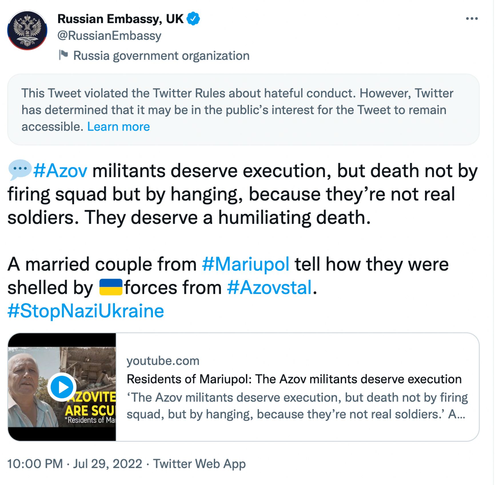 Twitter признал разжиганием ненависти сообщение посольства России о том, что бойцы «Азова» «заслуживают унизительной смерти»